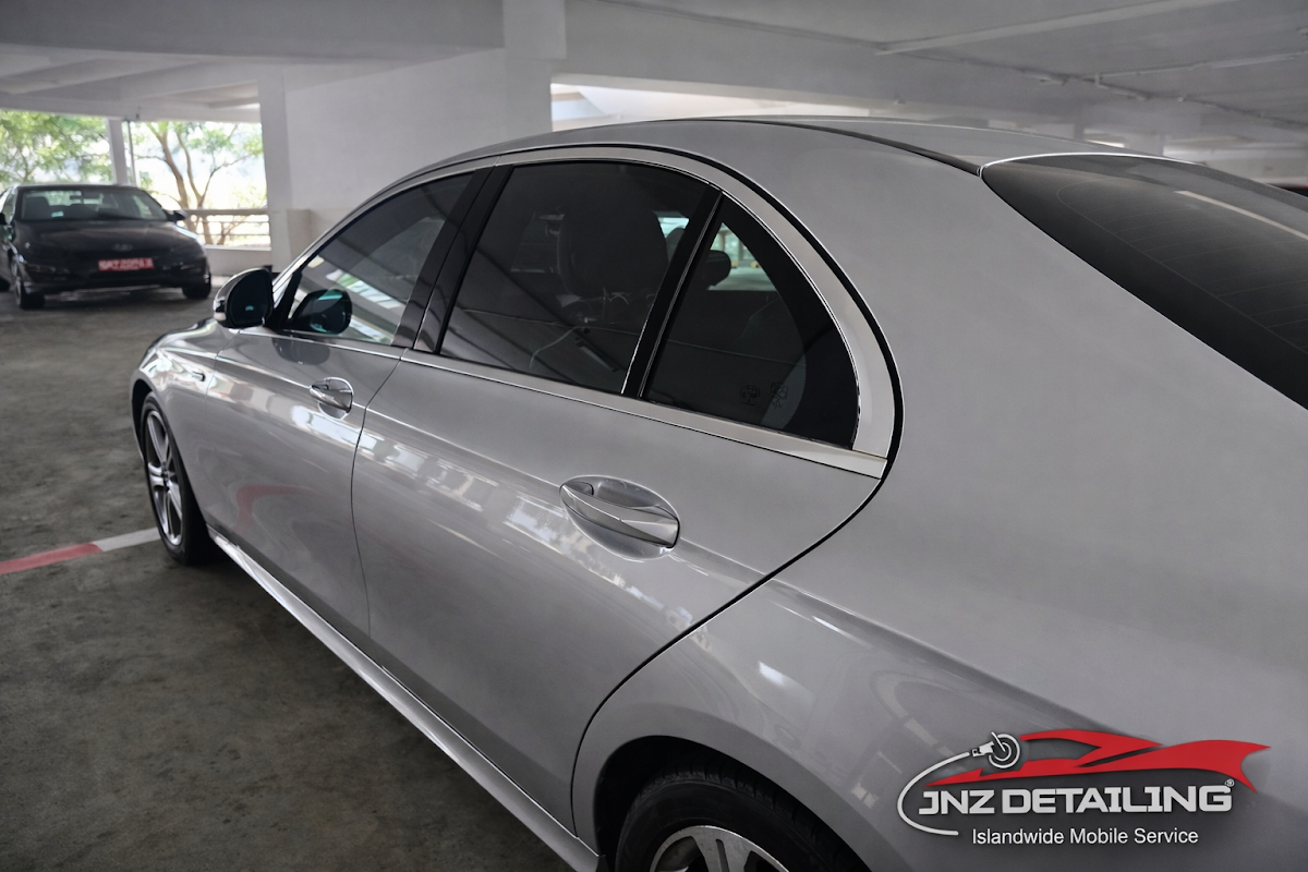 A silver Mercedes saloon finished to a deep gloss by Jnz Detailing